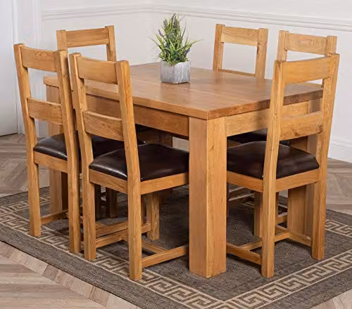 Oak Furniture King Dakota and Lincoln 6 Seater Solid Oak Dining Set in Natural Brown, W: 127 cm, D: 82 cm, H: 77 cm