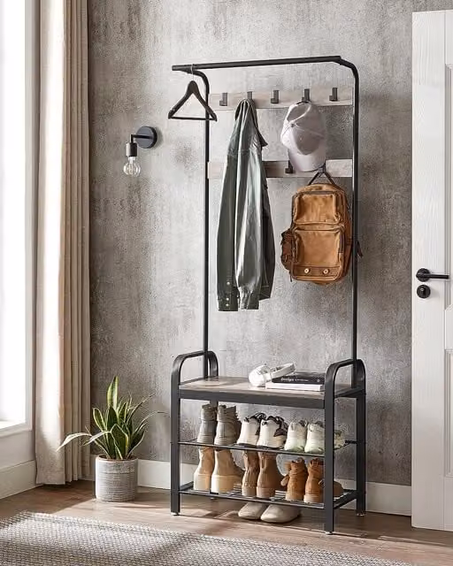 VASAGLE Hall Tree with Shoe Bench, Hooks and Clothes Rail in Light Beige and Black – 1