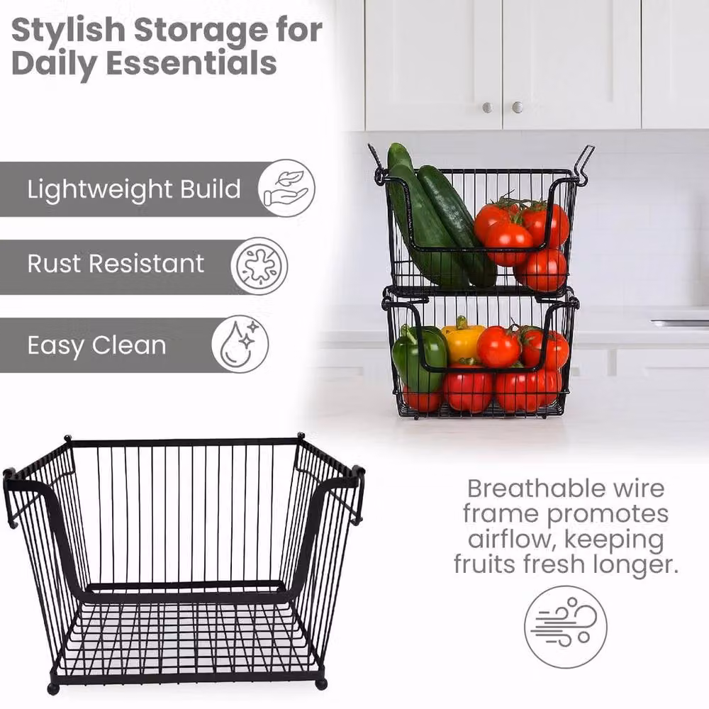 PAWNORA Set of 2 Stackable Black Wire Vegetable and Fruit Storage Racks – 3