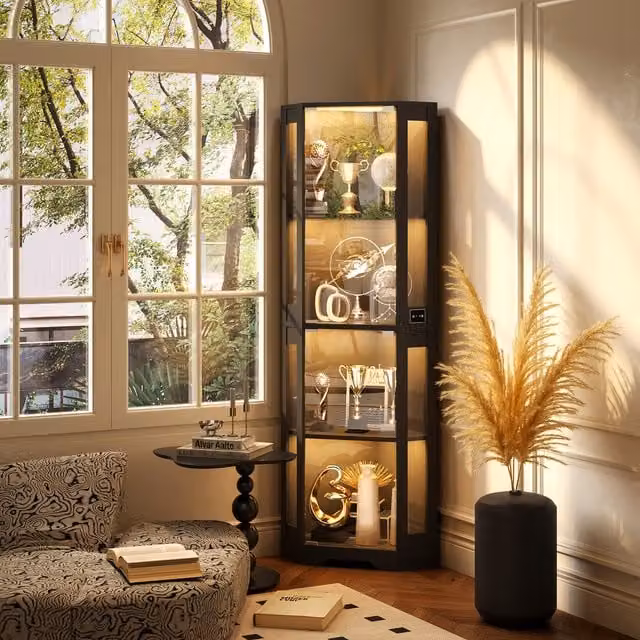 BROTTAR White Corner Glass Display Cabinet with Integrated LED Lighting and Internal Shelves, H 165.1 x W 91.4 x D 55.9 cm