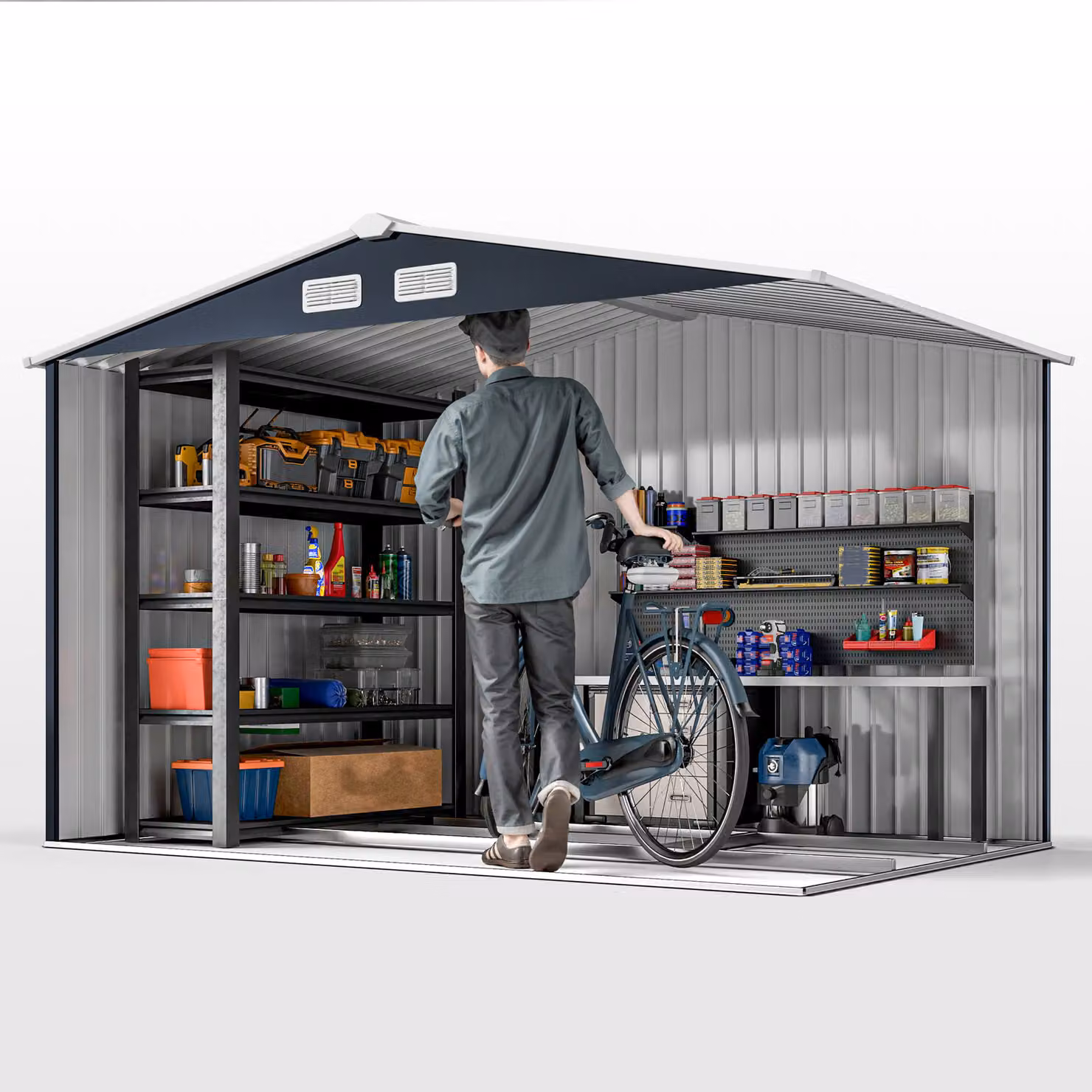 Outsunny Metal Bicycle Shed in Dark Grey with Foundation Ventilation and Doors – 8