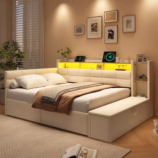 Merax Double Linen Upholstered Storage Bed with LED Lighting, USB Charging Port and Drawers, Beige, W/D/H: 140 x 200 x 111 cm