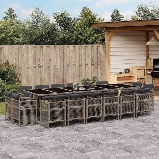 Berkfield Home 17 Piece Grey Poly Rattan Garden Dining Set with Cushions and Glass Tabletop – 1