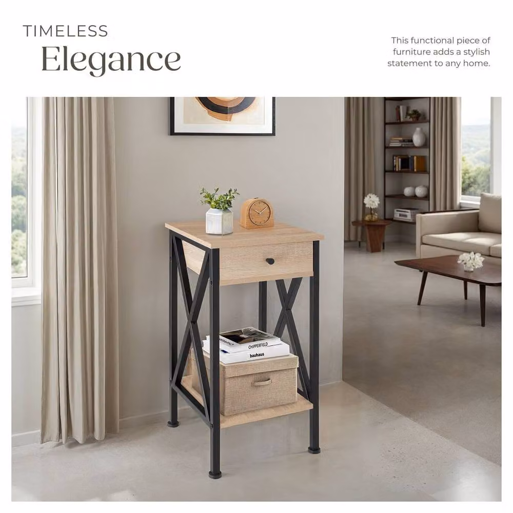 tectake Dayton Bedside Table in Light Oak and Black – 5