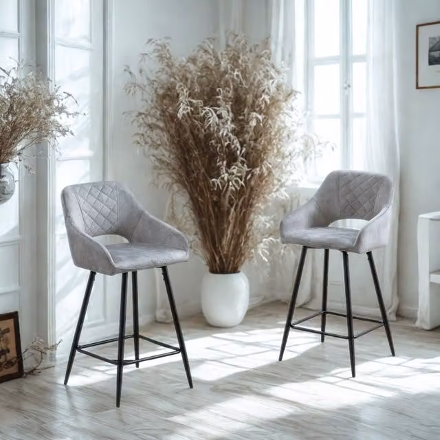Furnold Set of 2 Grey Velvet Bar Stools with Backrest and Footrest