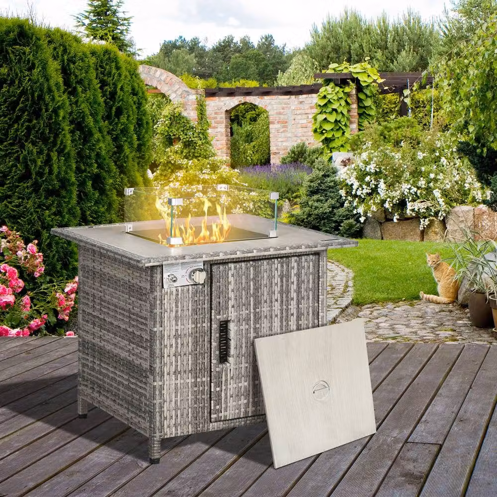 ERGOVEXA Grey Rattan Gas Fire Pit Dining Table with Rain Cover – 4
