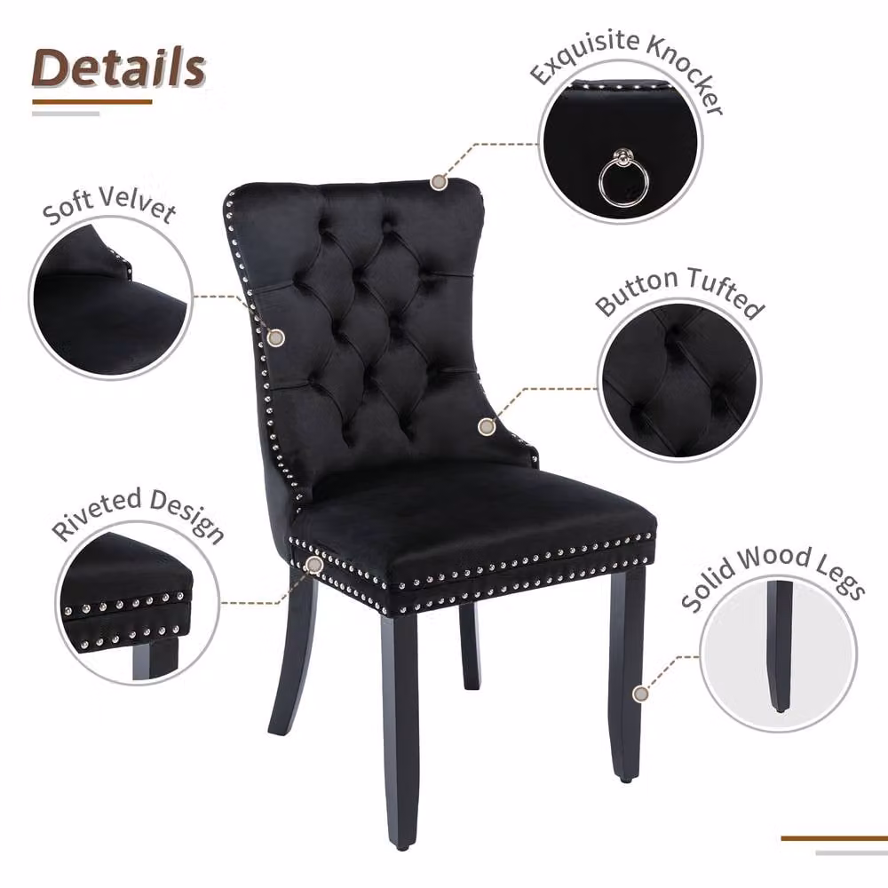 BTM Black Modern Upholstered Velvet Dining Chairs with Button Tufting, 2 Pack – 7