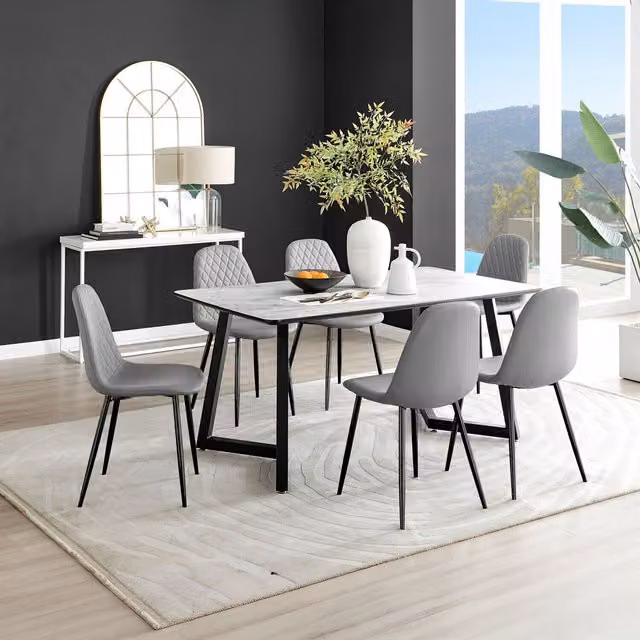 FurnitureboxUK Carson White Marble Effect Dining Table and 6 Corona Black Leg Chairs in Grey
