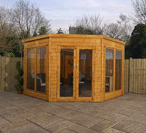 Mercia Premier Corner Summerhouse in Beige and Brown Wood, W/D/H: 274.32 x 270.0 x 220.0 cm