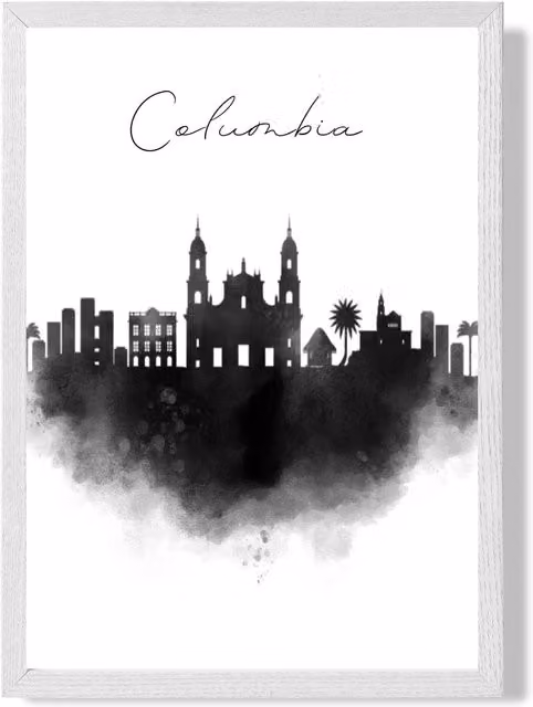ARTZE Columbia Watercolour Skyline City Framed Print, A2, Black and White