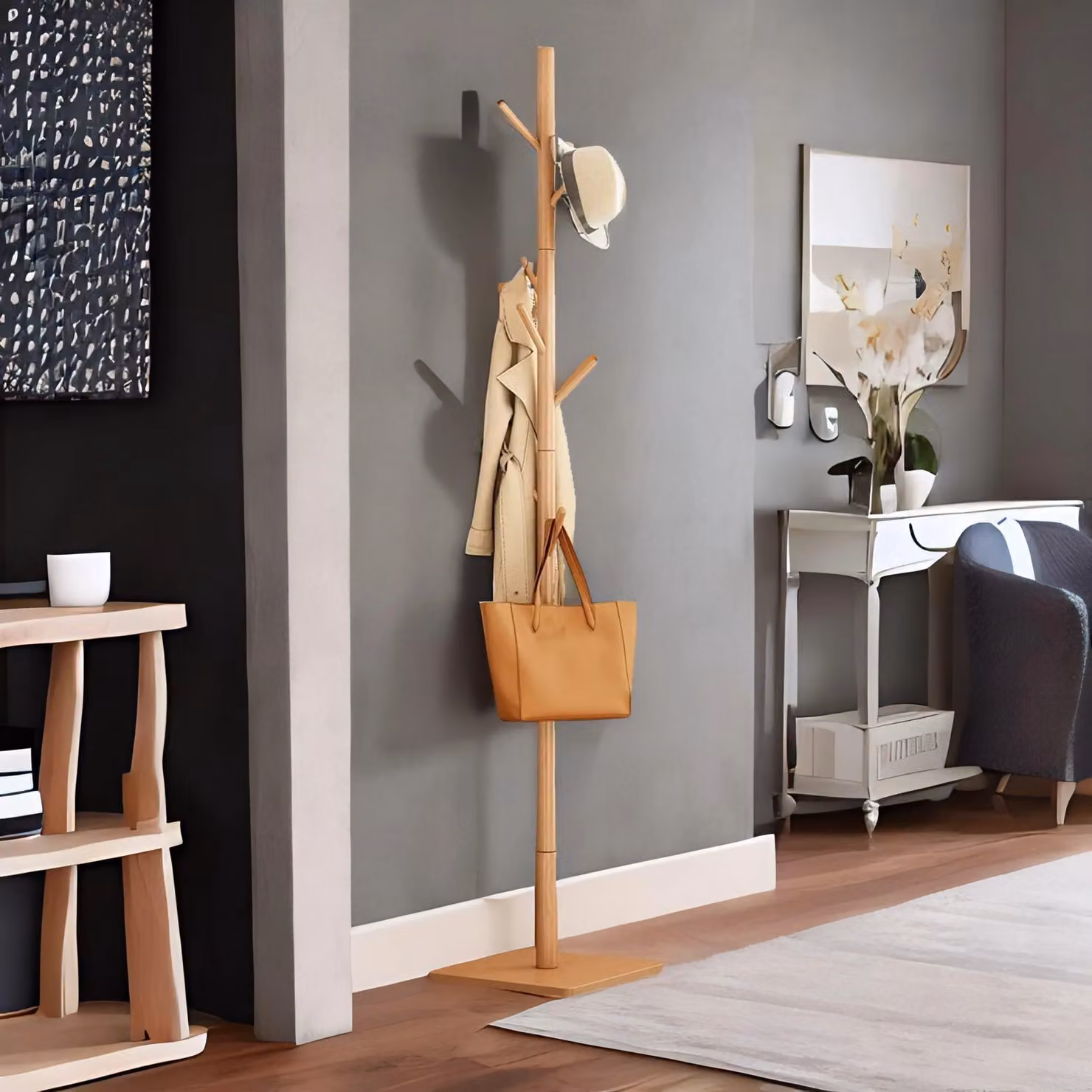 Rafaelo Mobilia Wooden 8 Hook Coat Stand with Square Base in Brown, H: 176 cm, W: 29 cm, D: 29 cm – 4