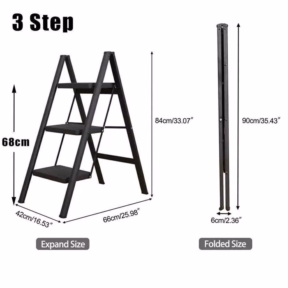 NESTLUNE 3 Step Folding Heavy Duty Aluminium Ladder in Black, Width: 52 cm – 2