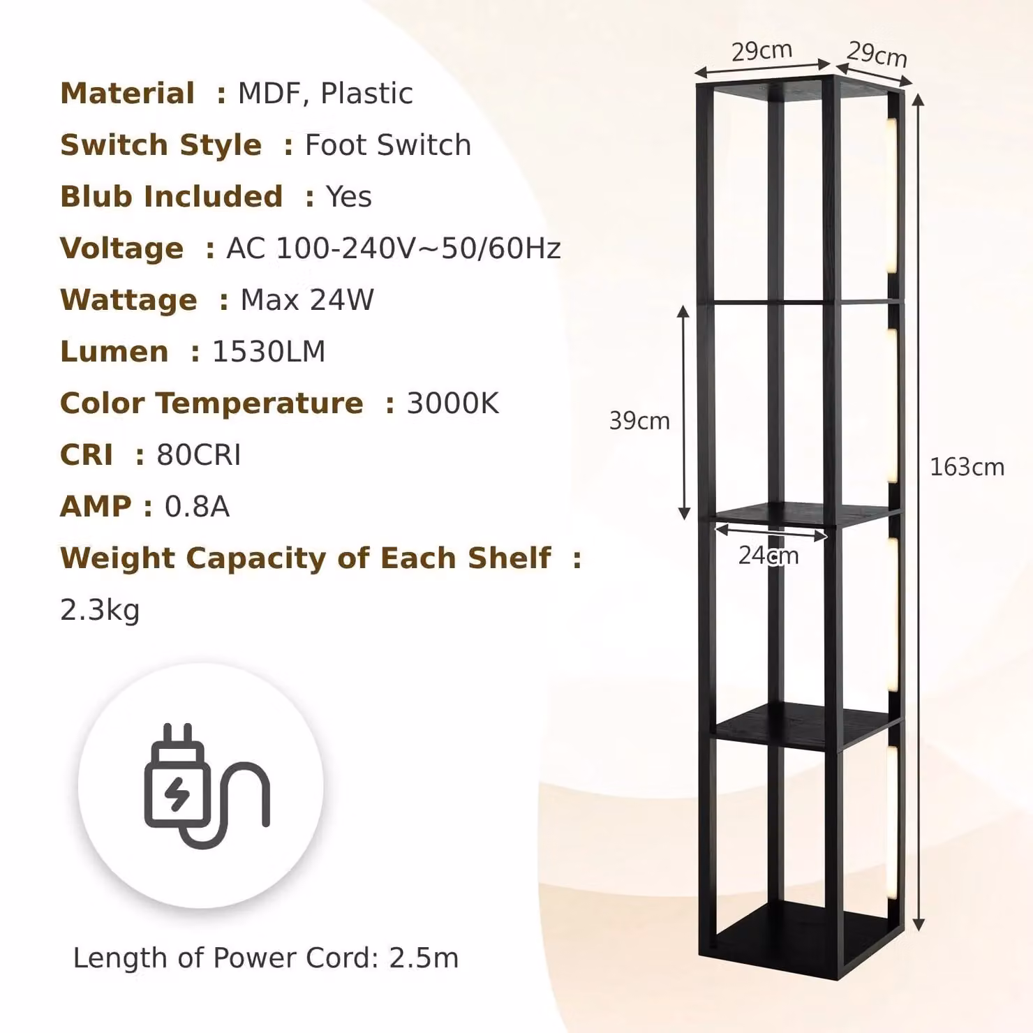 Costway Black Floor Lamp with Shelves and 3-Level Dimmable LED Bulbs, H 163 x W 29 x D 29 cm – 2