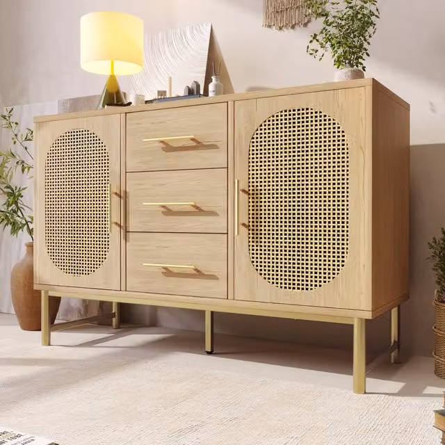Fascinate Oak Effect Rattan Sideboard Cabinet with 2 Doors and 3 Drawers in Light Oak and Beige