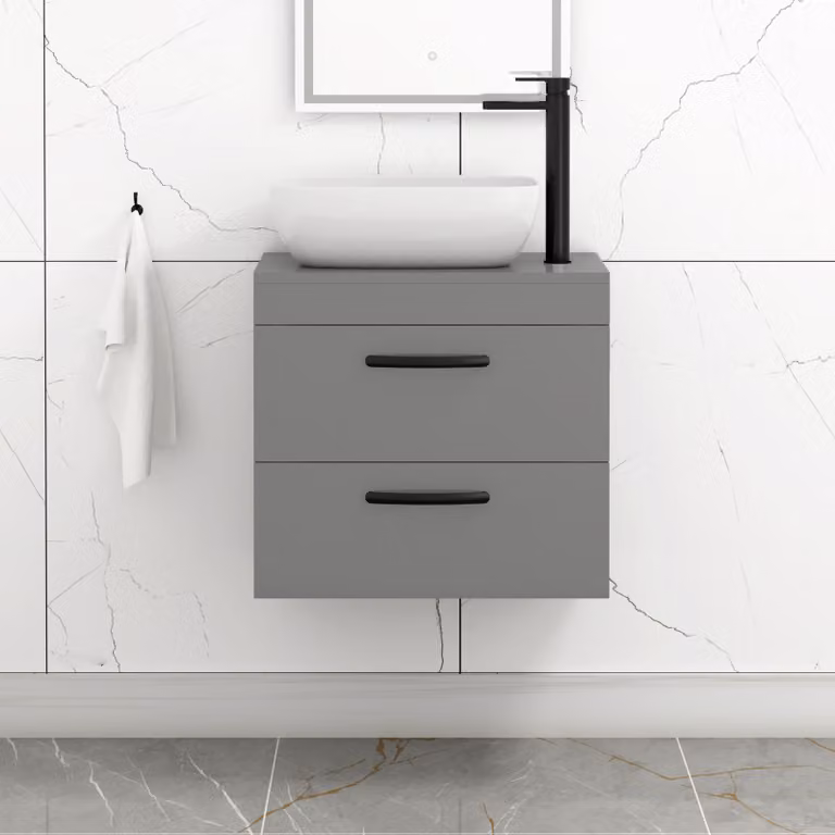 Royal Bathrooms 600mm Wall Hung Vanity Unit with 2 Drawers in Indigo Grey Gloss and Elva Countertop Basin with Matt Black Handle