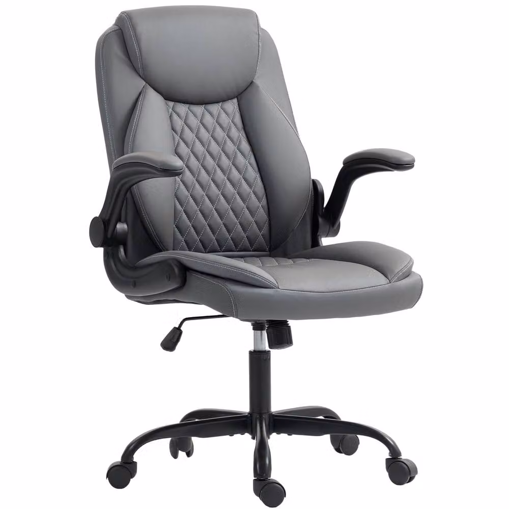 Rolipo Grey Faux Leather Modern Task Chair with Flip-Up Armrests and Castors – 2