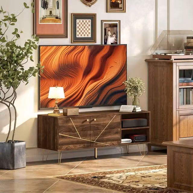 HOMCOM Modern Geometric TV Stand Cabinet in Brown and Gold with Adjustable Shelves, W: 130.0 cm, D: 40.0 cm