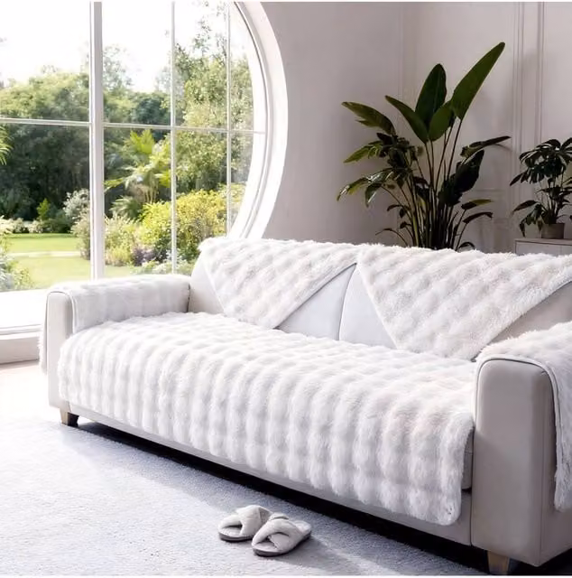 Living and Home Sleek Textured Plush Sofa Cover in White, Large