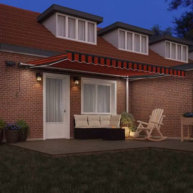 Berkfield Home Manual Retractable Folding Arm Awning with LED, Orange and Brown Striped Polyester, W: 450 cm, D: 300 cm