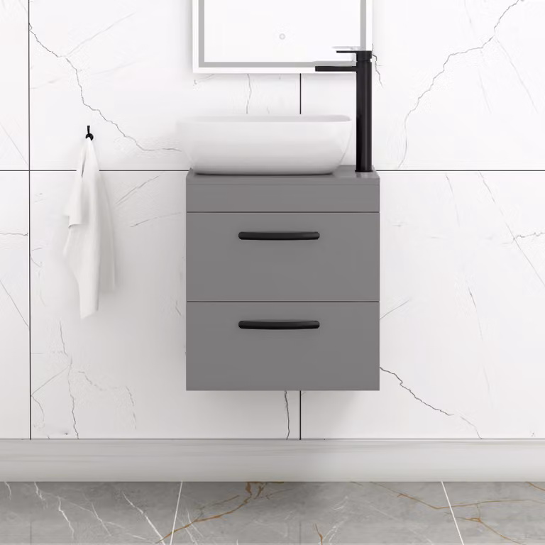 Royal Bathrooms 500mm Wall Hung Vanity Unit with 2 Drawers in Indigo Grey Gloss and Elva Countertop Basin with Matt Black Handle