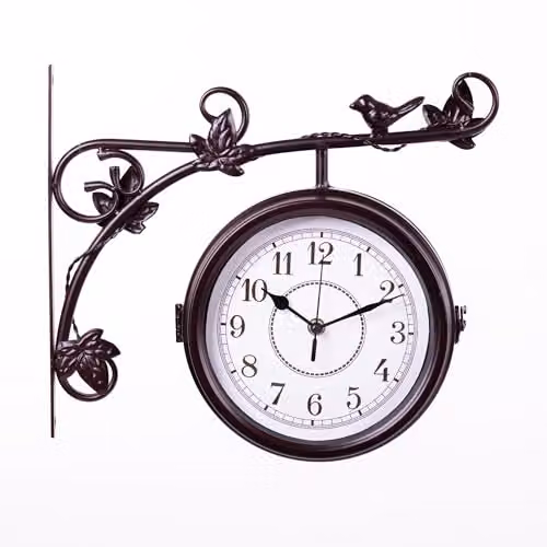 Garden Gear Aldbury Double-Sided Victorian Station Style Outdoor Wall Clock in Mahogany Brown Powder-Coated Steel with Bird and Leaf Details – 1