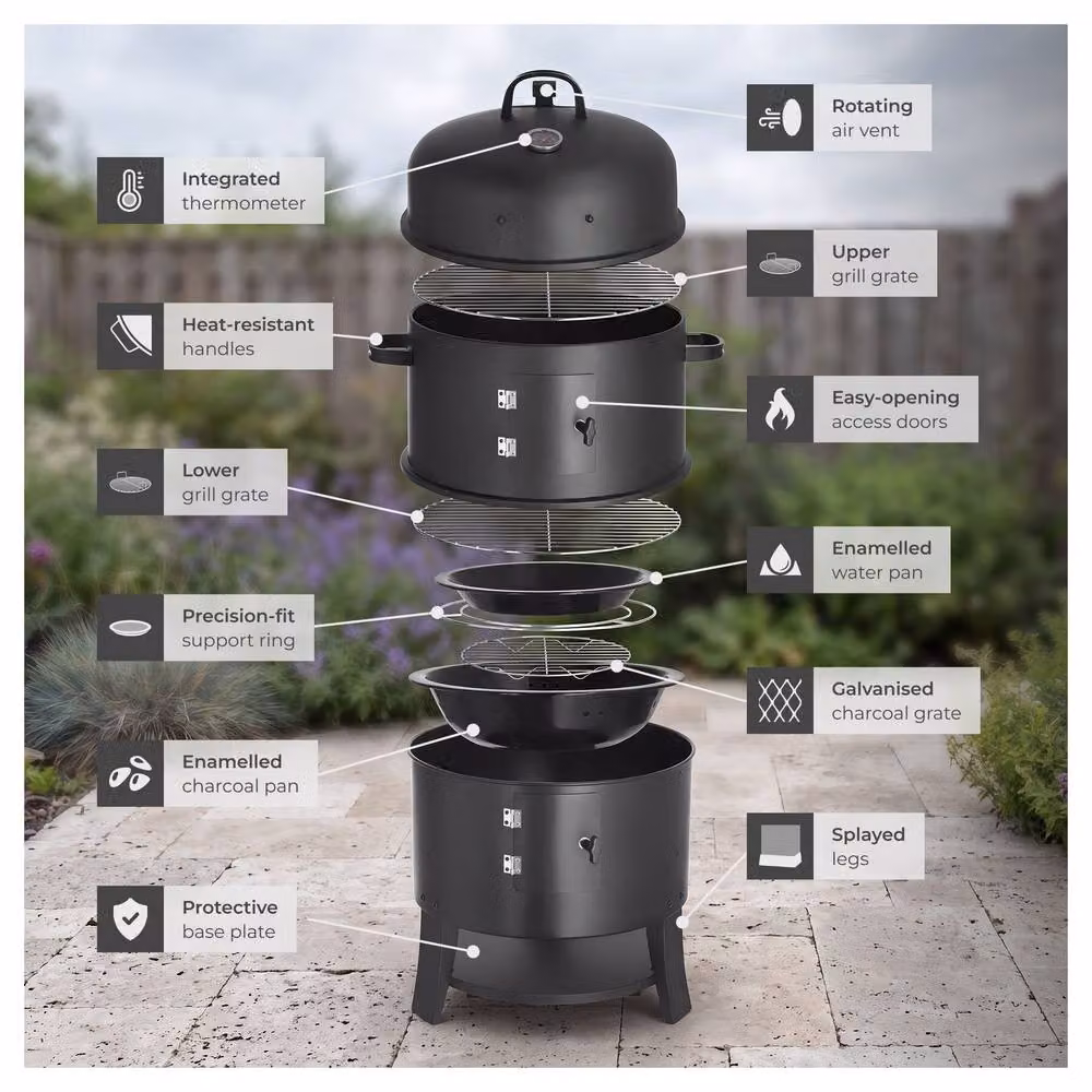 tectake Smoking Barrel 3-in-1 Charcoal Smoker with Thermometer and Air Vent, Black, W/D/H: 52.0 x 42.5 x 81.5 cm – 4