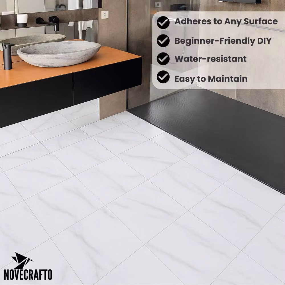 Novecrafto White Marble Self Adhesive Square Vinyl Floor Tiles, 34 Pack, W/D/H: 45.72 x 45.72 x 45.72 cm – 3