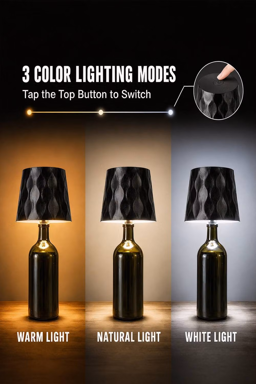 INMTFEI Black Rechargeable LED Bottle Lamp Shade Modern Cylinder Ambience Light for Bar and Patio – 3