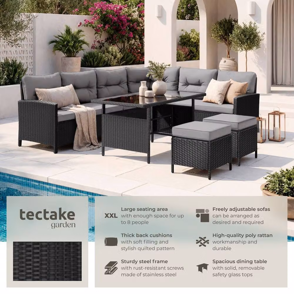 tectake 8 Seater Garden Furniture Set with Cushions, Footstools and Table in Light Grey – 2