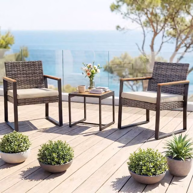 Costway 3-Piece PE Rattan Patio Conversation Set with Cushions and Side Table in Beige