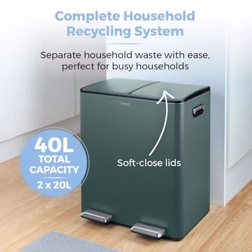 Tower 40L Recycling Pedal Bin with Removable Inner Buckets in Green and Black Coated Steel – 3