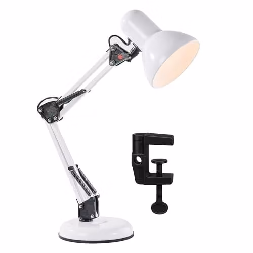 Innoteck Swing Arm Desk Lamp in White, Adjustable Metal Architect-Style Task Lamp with E27 Socket and Stable Base