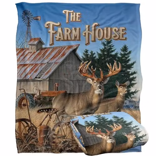 JQ Licensing Farm House Deer Super Soft Fleece Throw Blanket, White, W/D: 152 x 127 cm – 1