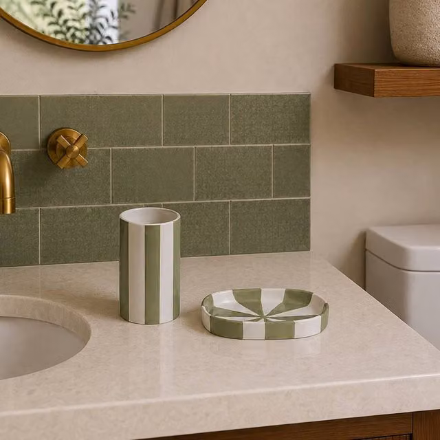 Showerdrape Green and White Striped Ceramic Bathroom Accessory Set with Soap Dish and Tumbler