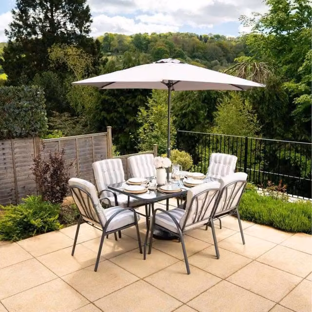 Primrose 6 Seater Rectangular Tempered Glass Dining Set with Crank Parasol in Grey Stripe