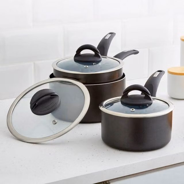 Tower 3 Piece Ceramic and Aluminium Saucepan Set in Grey and Anthracite