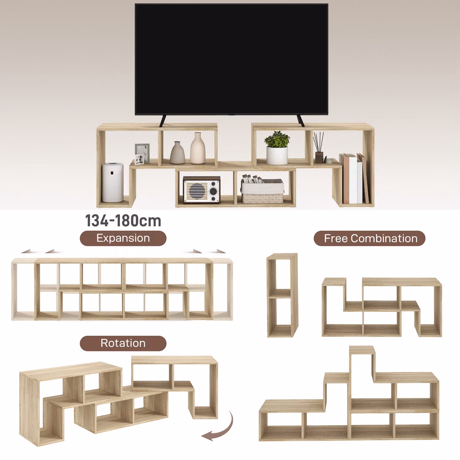 HOMCOM Extendable Grey Oak TV Stand for TVs up to 75 Inches with Storage Shelves – 3