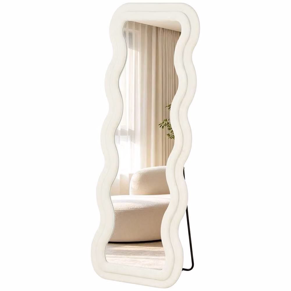Rolipo Wavy Full Length Freestanding Rectangular Mirror with Velvet Frame, White, H 160 cm x W 60 cm – 2