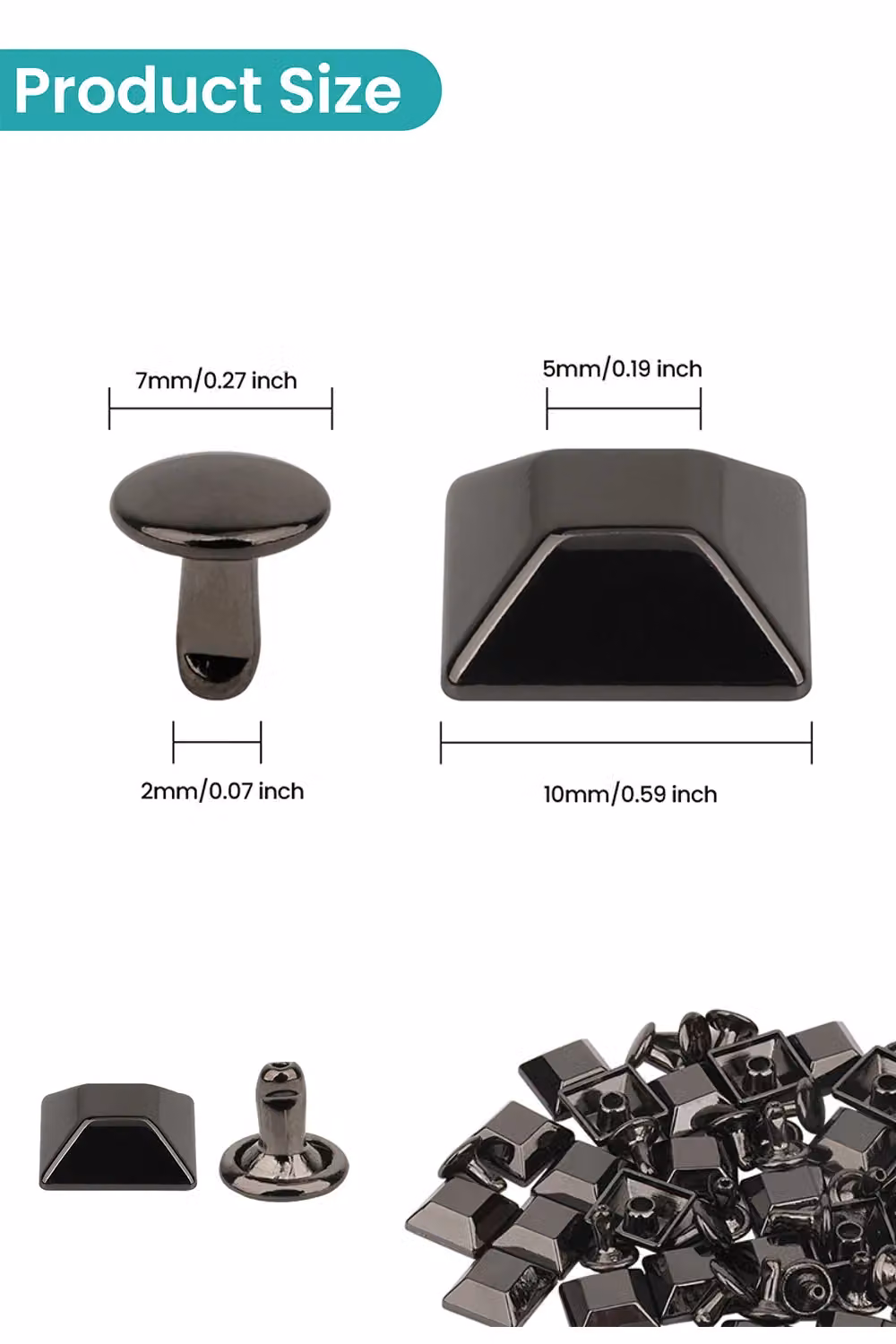 Neel Blue Black Nickel-Plated Alloy Pyramid Feet Caps with 7mm Back Rivets, 25 Pieces, 10mm – 2