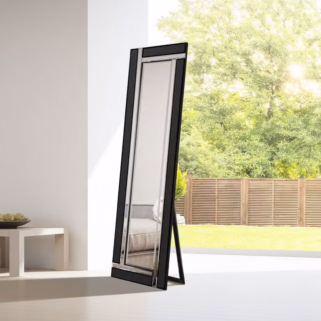 MirrorOutlet Aston Black All Glass Cheval Mirror, Black, H 150 x W 40 x D 40 cm