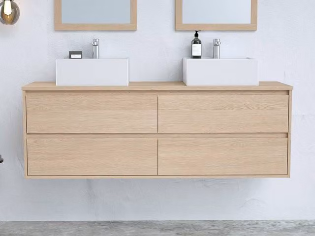 Vente-unique MILIPAM Suspended Oak Veneer Vanity Unit in Light Oak, W: 150 cm, D: 50 cm, H: 45 cm – 1