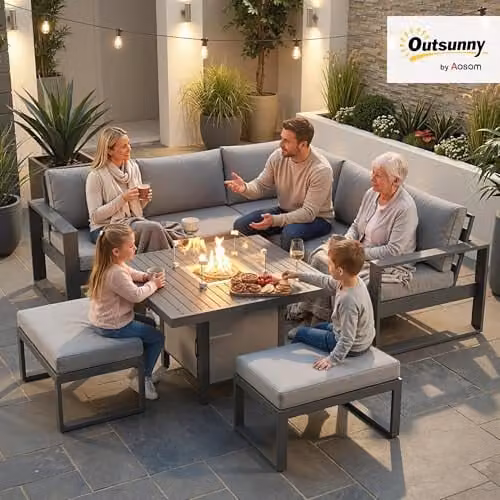 Outsunny 6-Piece Grey Powder Coated Aluminium Garden Furniture Set with L-Shape Corner Sofa, 2-Seater Sofa, Ottoman and Fire Pit Coffee Table – 7