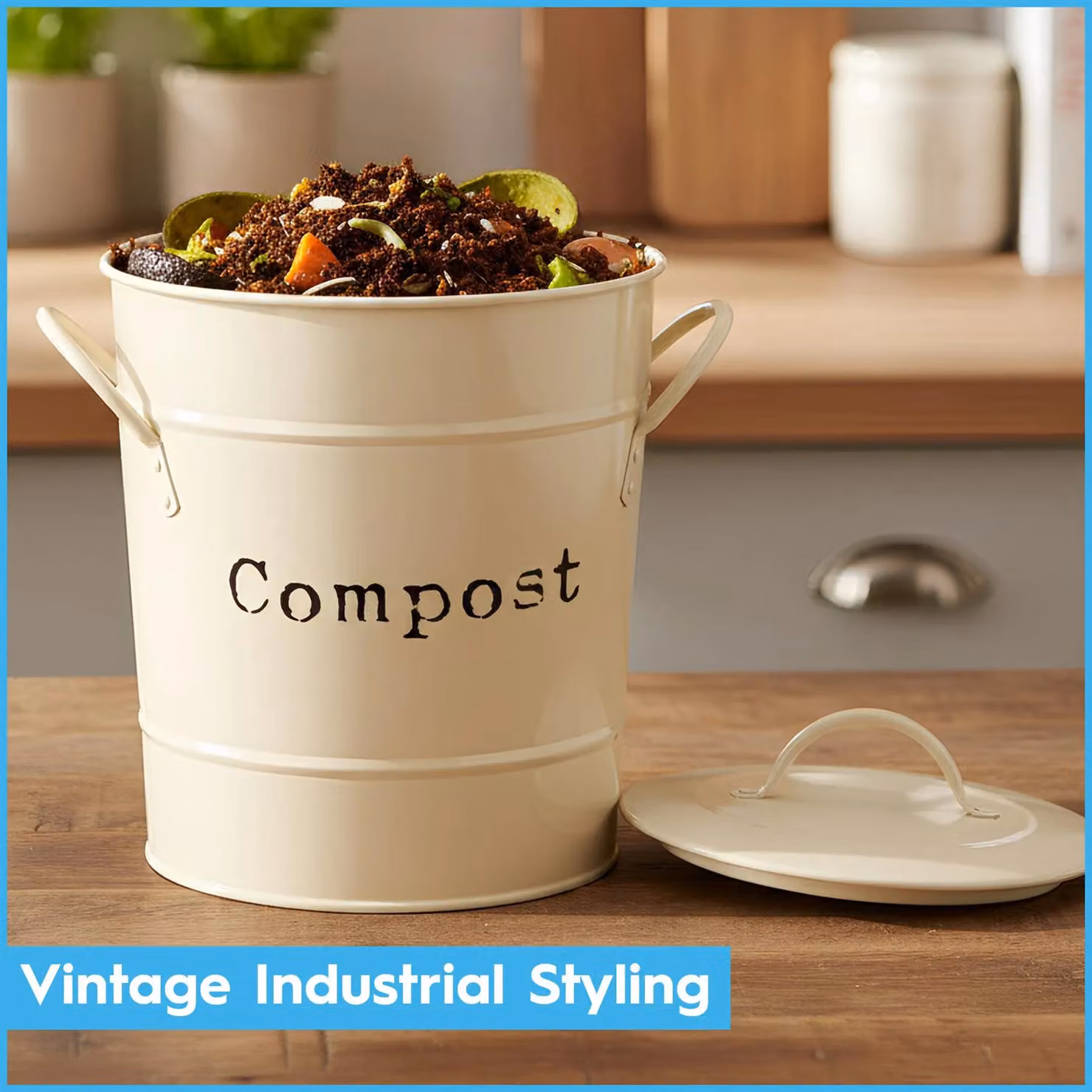 Harbour Housewares Vintage Kitchen Compost Bin, 3.2L, Cream/Beige Metal Food Waste Caddy with Removable Inner Bucket and Flip Lid – 6