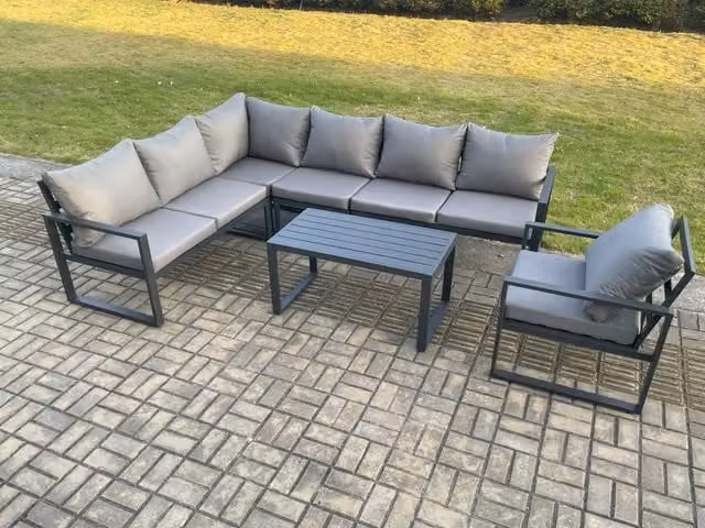 Fimous 7 Seater Aluminium Garden Furniture Set with L-Shape Corner Sofa, Armchairs and Oblong Coffee Table in Dark Grey