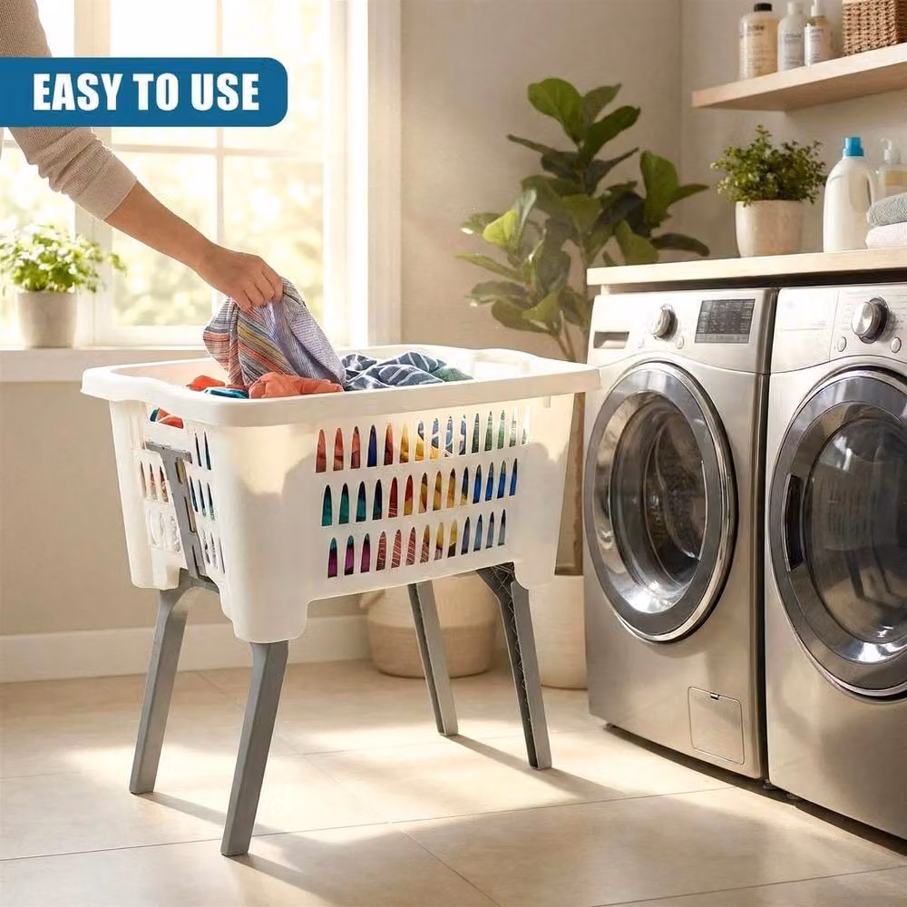 PAWNORA Collapsible White Plastic Laundry Basket with Foldable Legs – 4