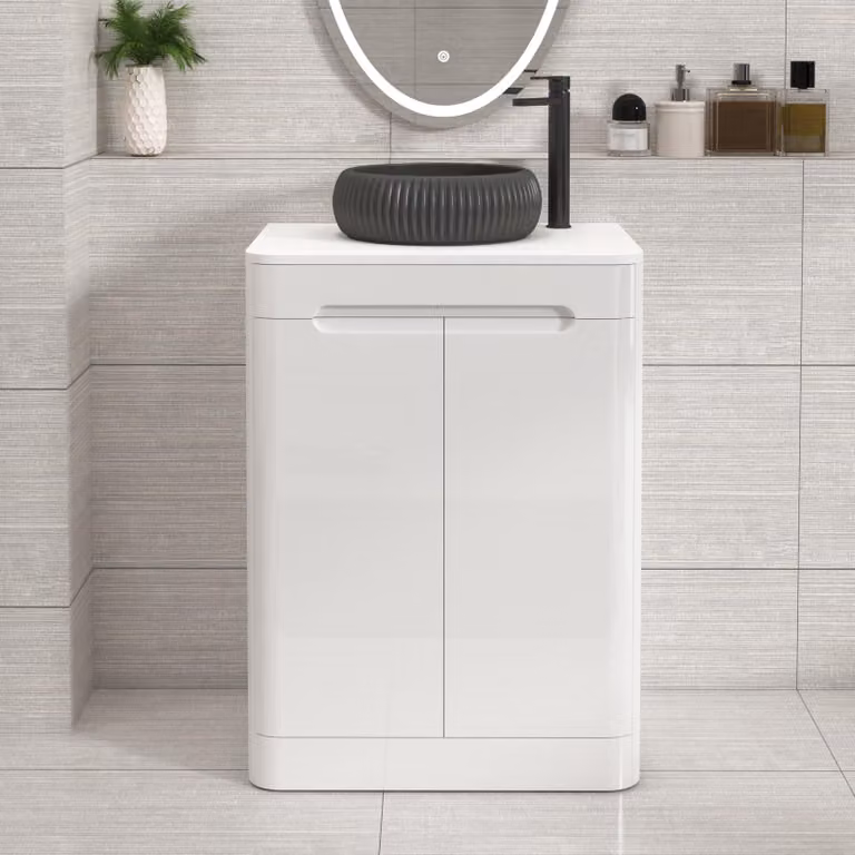 Royal Bathrooms Venice 600mm Gloss White Floor Standing 2 Door Vanity Unit with Plain White Worktop and Milan Black Basin