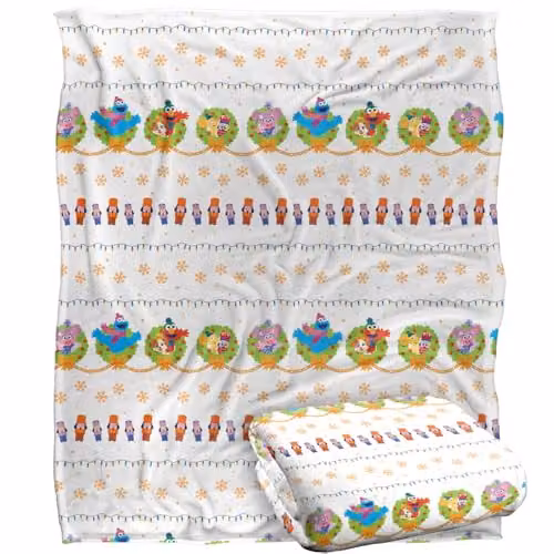 LOGOVISION Sesame Street Holiday Wreath Pattern Super Soft Fleece Throw Blanket, White, W: 152 cm, D: 127 cm