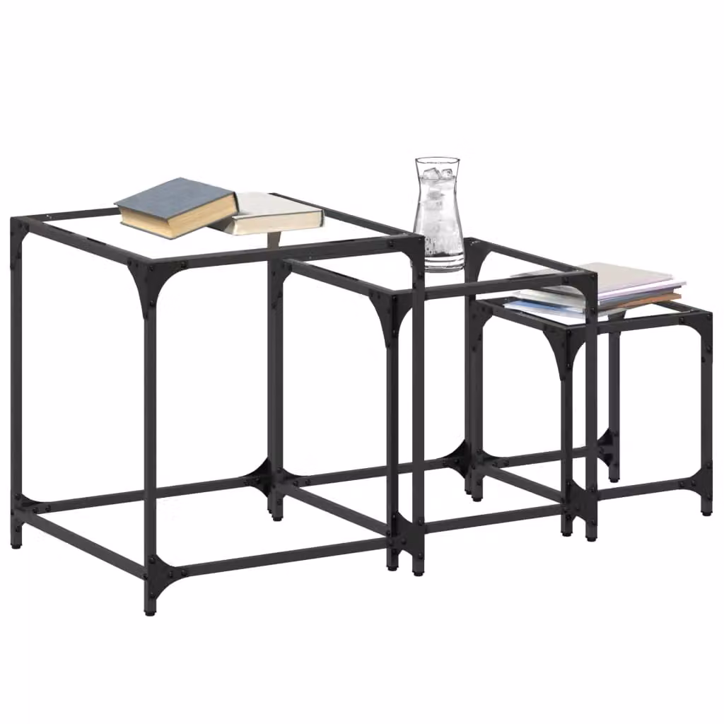 Berkfield Home Nesting Coffee Tables, 3 Piece Set with Transparent Glass Tops and Black Steel Frames – 2