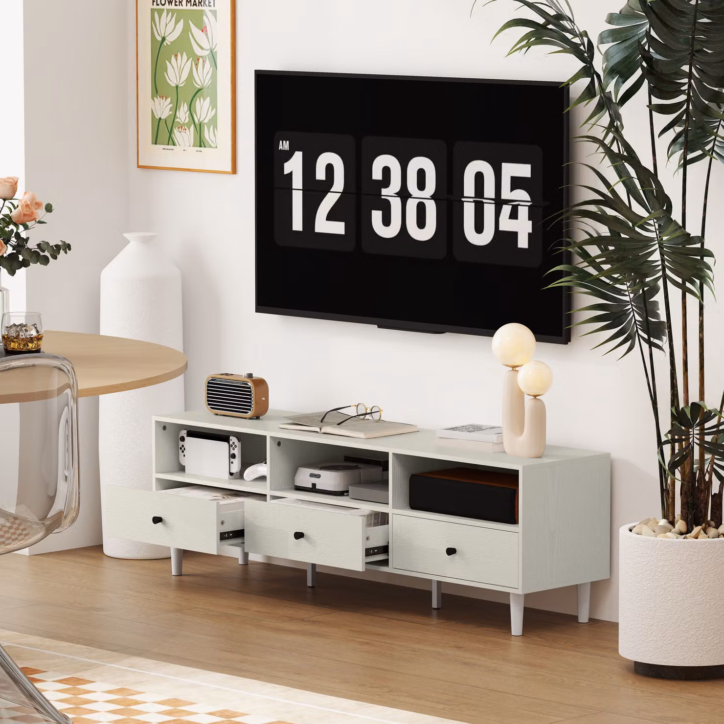HOMCOM Modern Multi-Storage Minimalist TV Stand in White – 6