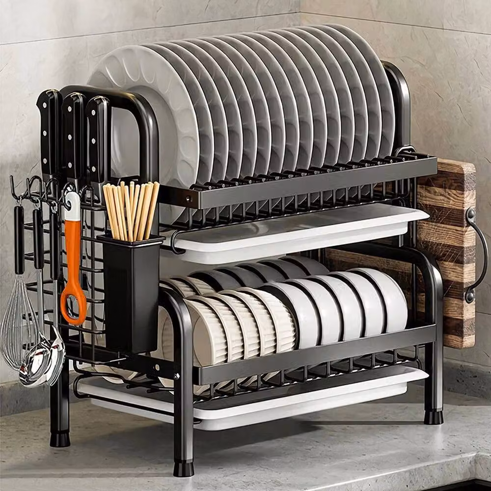 KORVIXA 2 Tier Large Dish Drainer Plate Rack in Black with Cutlery Holder and Drip Tray, W: 100 cm x D: 39 cm x H: 15 cm – 3